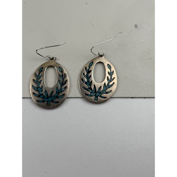 TM-121 Taxco Mexico Sterling Silver Pierced Earrings Inlaid Stone - Picture 5 of 12